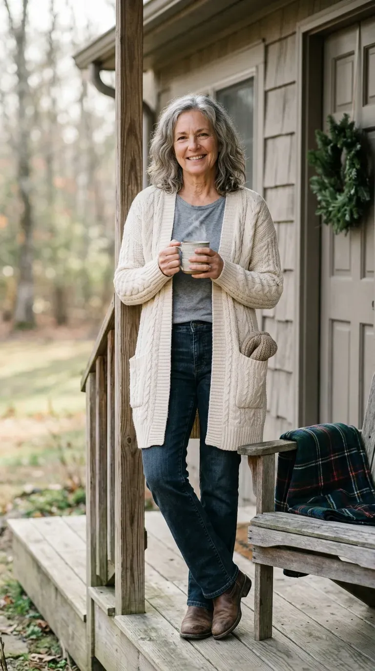 Woman in cream cable cardigan and dark jeans holding coffee on an autumn porch