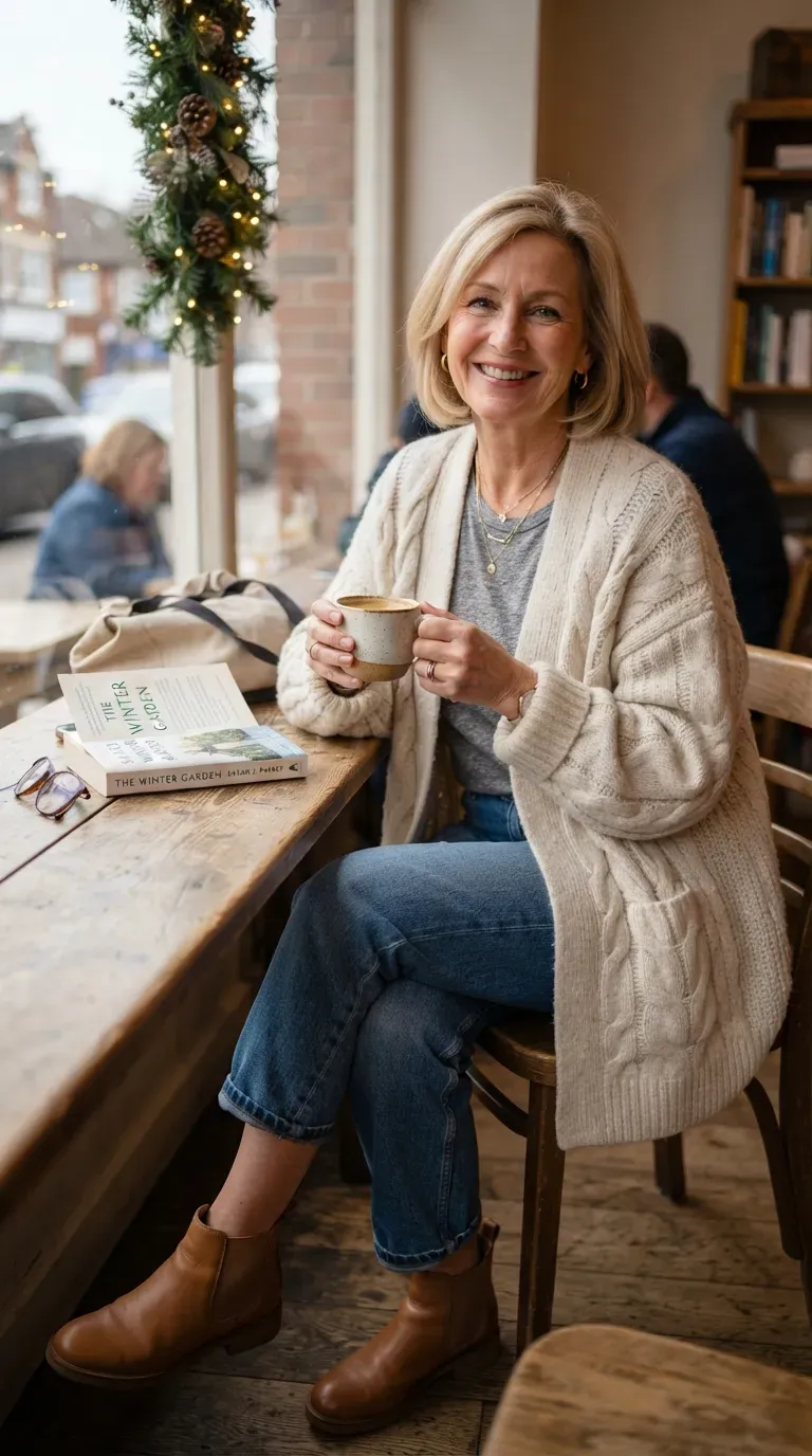 Woman over 50 in cream cable cardigan, gray tee and barrel jeans holding a mug by a cafe window