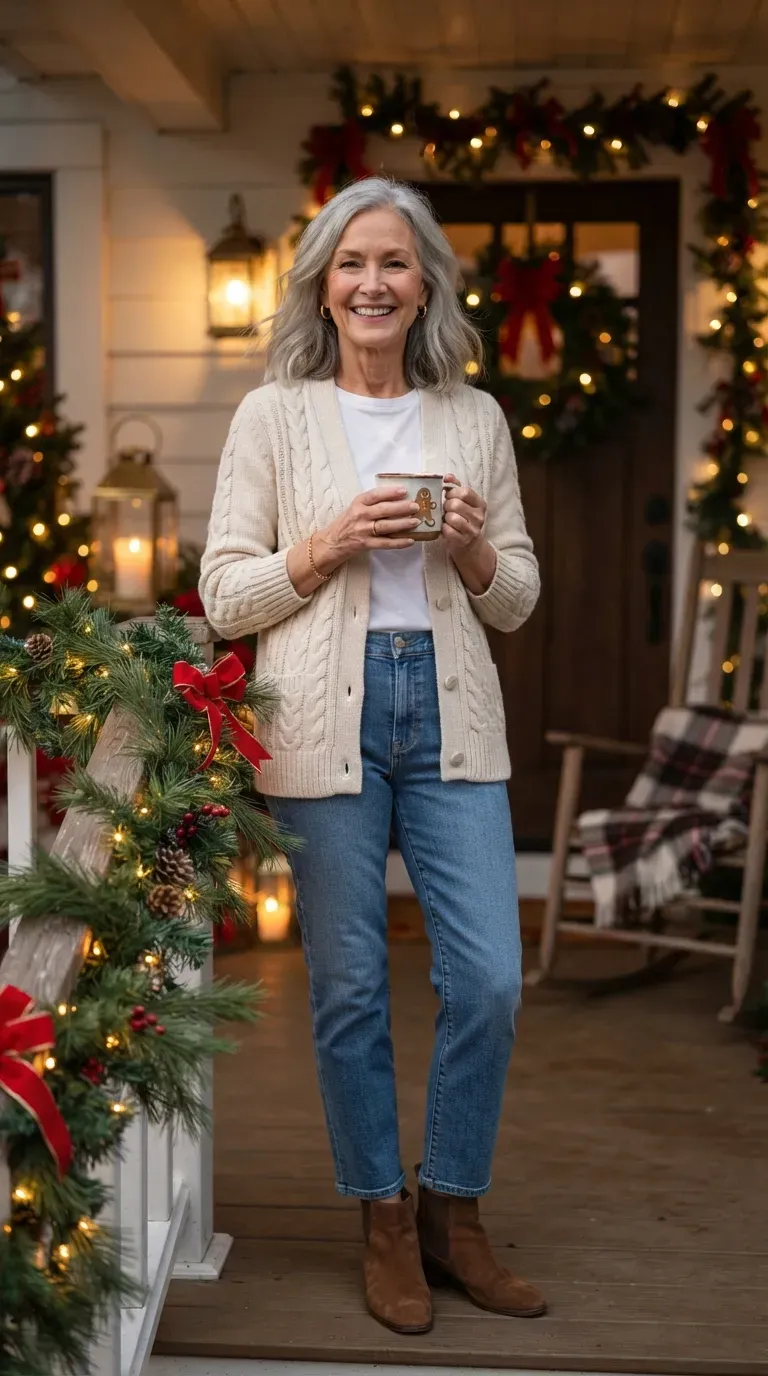 Petite woman over 50 in cream cable cardigan and ankle jeans holding cocoa on a decorated porch