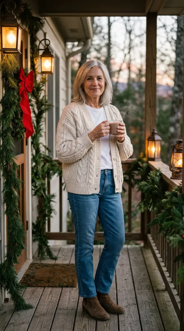 Woman over 50 in cream cable cardigan and straight jeans holding cocoa on a decorated porch