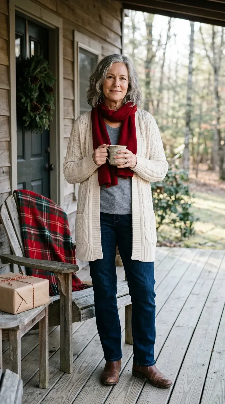 White woman in a cream cable cardigan, red scarf and dark jeans on a decorated porch