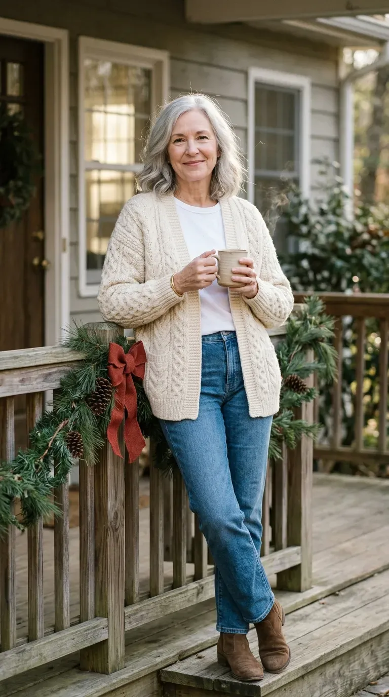 Woman over 50 in cream cable cardigan and straight jeans holding coffee on a cozy porch