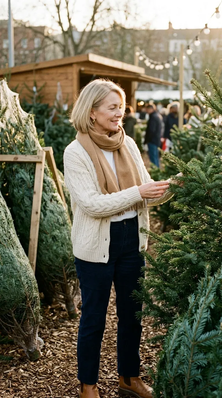 Woman over 50 in cream cable cardigan, white tee and corduroy jeans at a tree lot