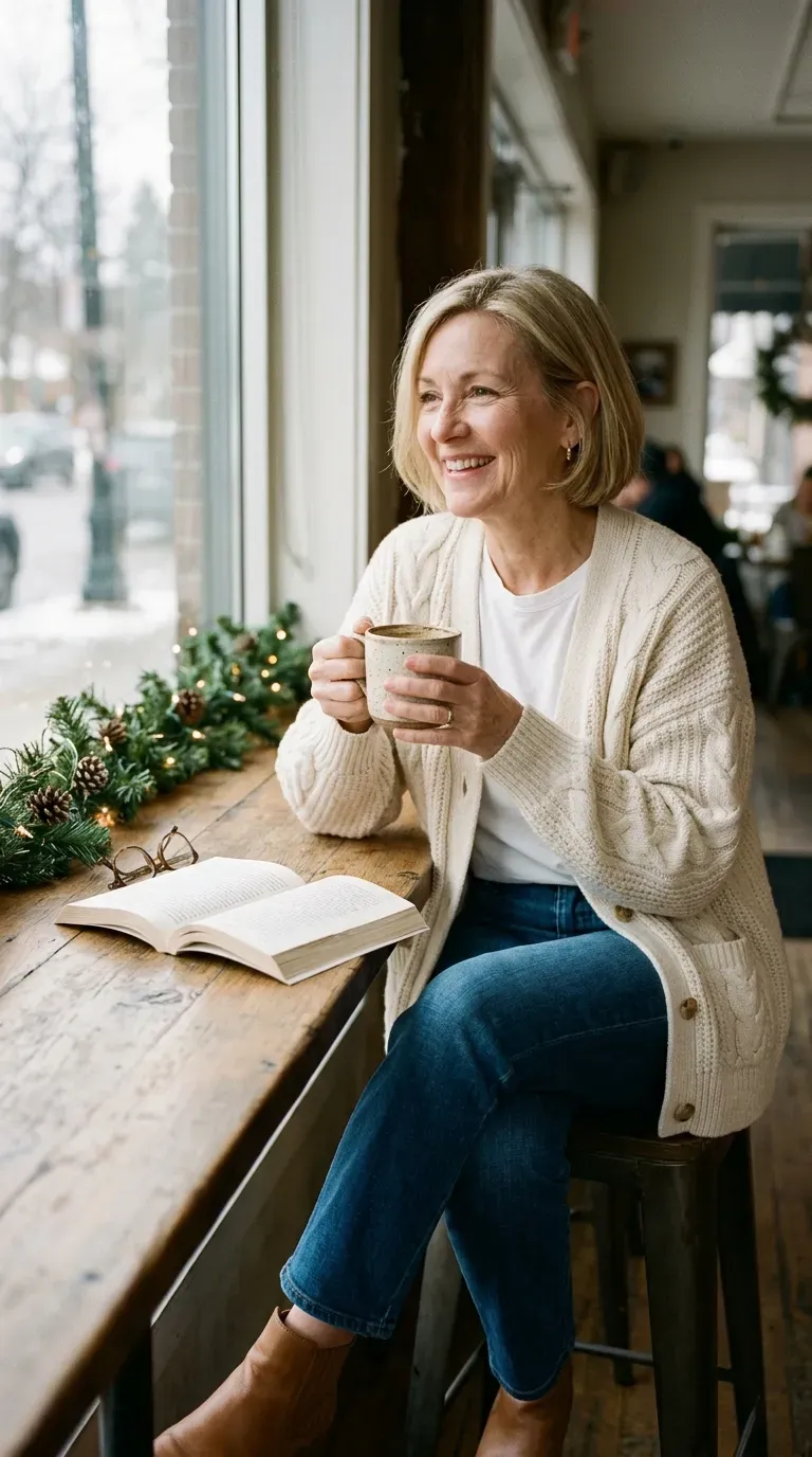 Woman over 50 in cream cable cardigan, white tee and indigo jeans holding a mug by a cafe window