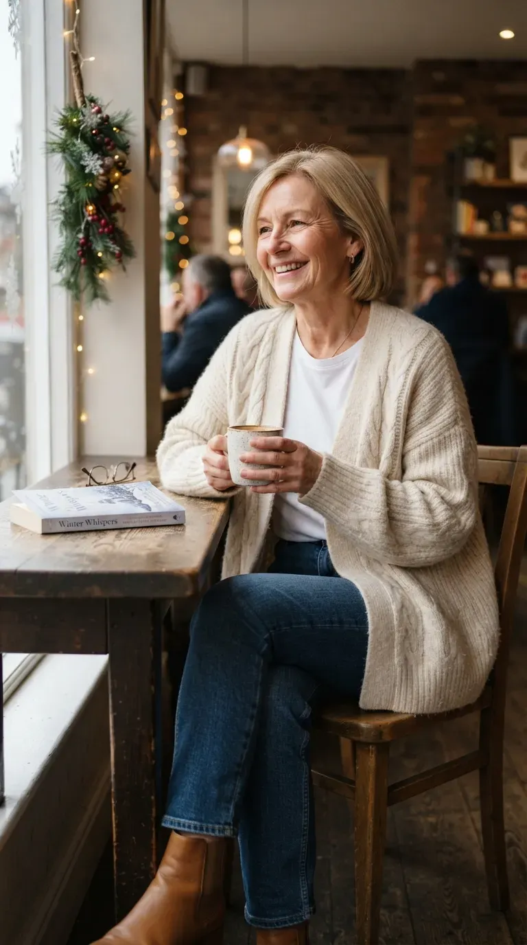 Woman over 50 in cream cable cardigan, white tee and indigo jeans holding coffee by a cafe window