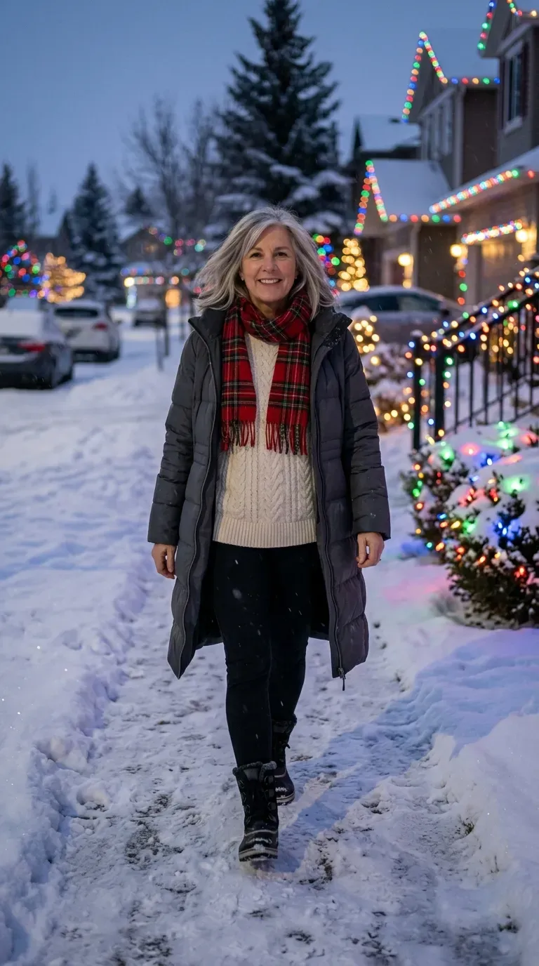 Woman in cream cable sweater, black leggings and long puffer walking past Christmas lights