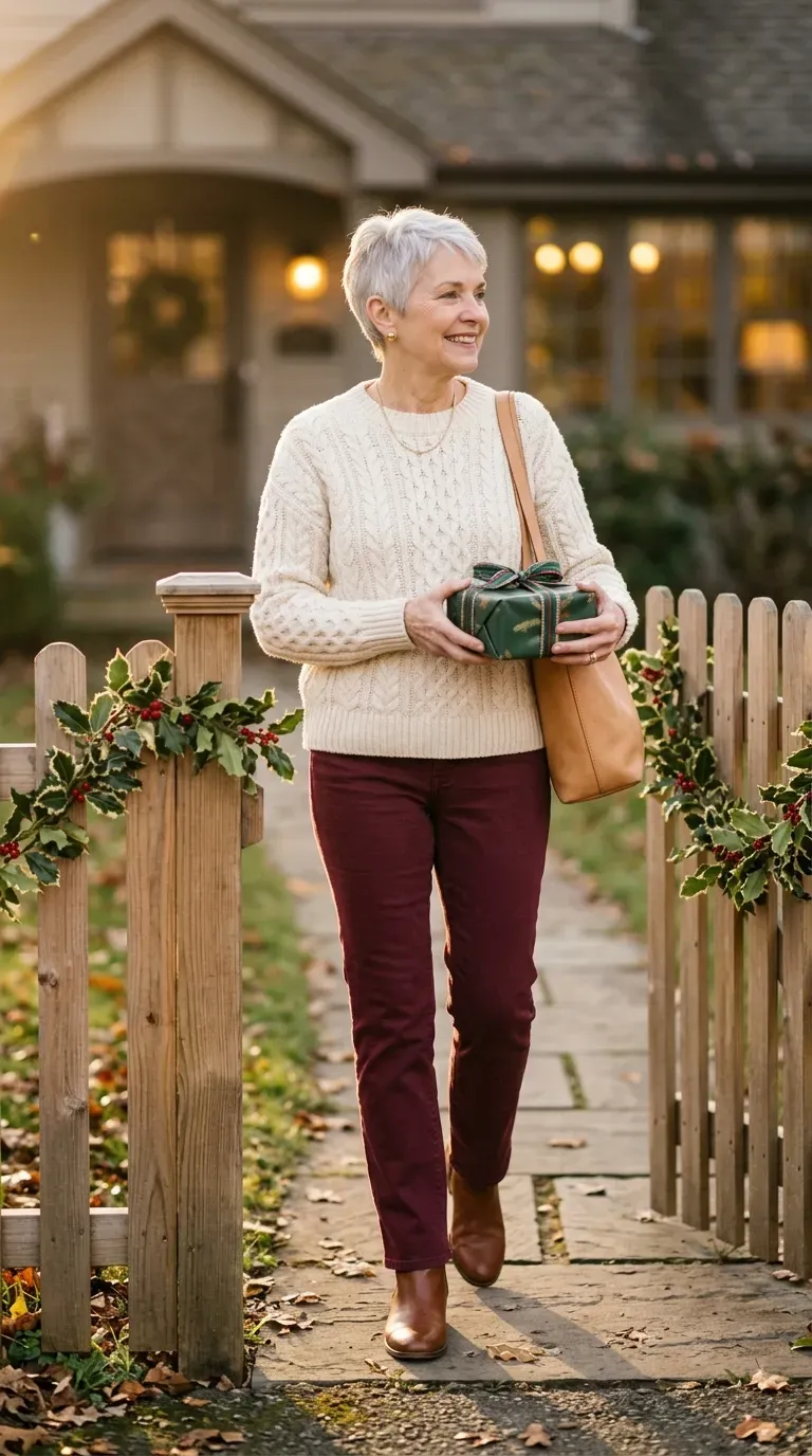 Woman over 50 in cream cable sweater, burgundy jeans and brown boots arriving to meet his family