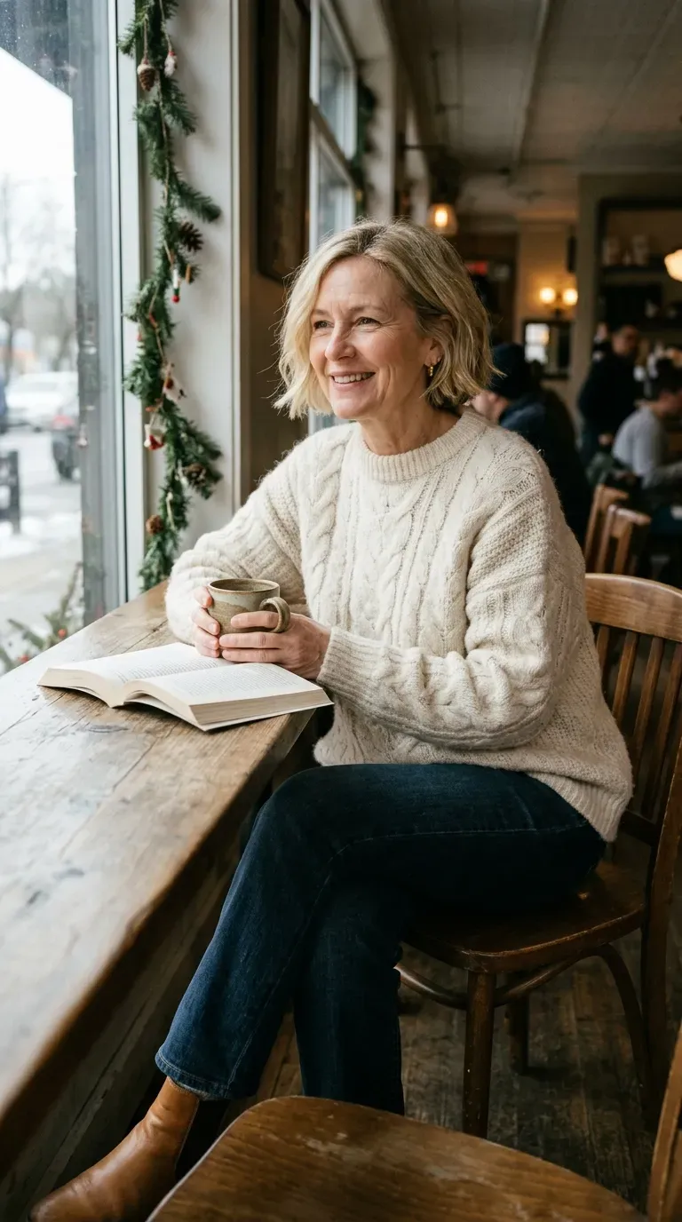 Woman over 50 in cream cable sweater, dark jeans and ankle boots by a window