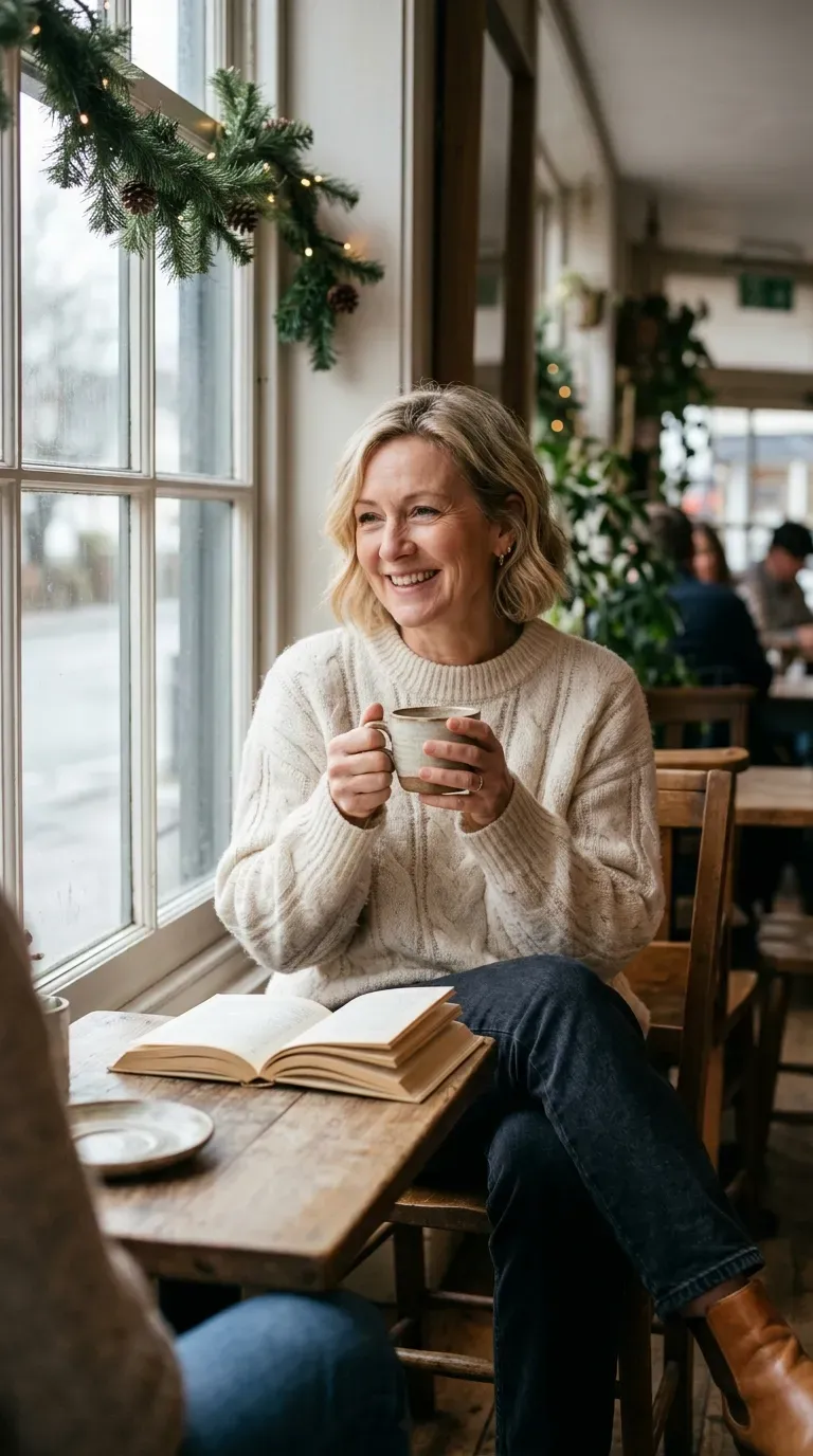 Woman over 50 in cream cable sweater, dark jeans and ankle boots holding a mug by a window