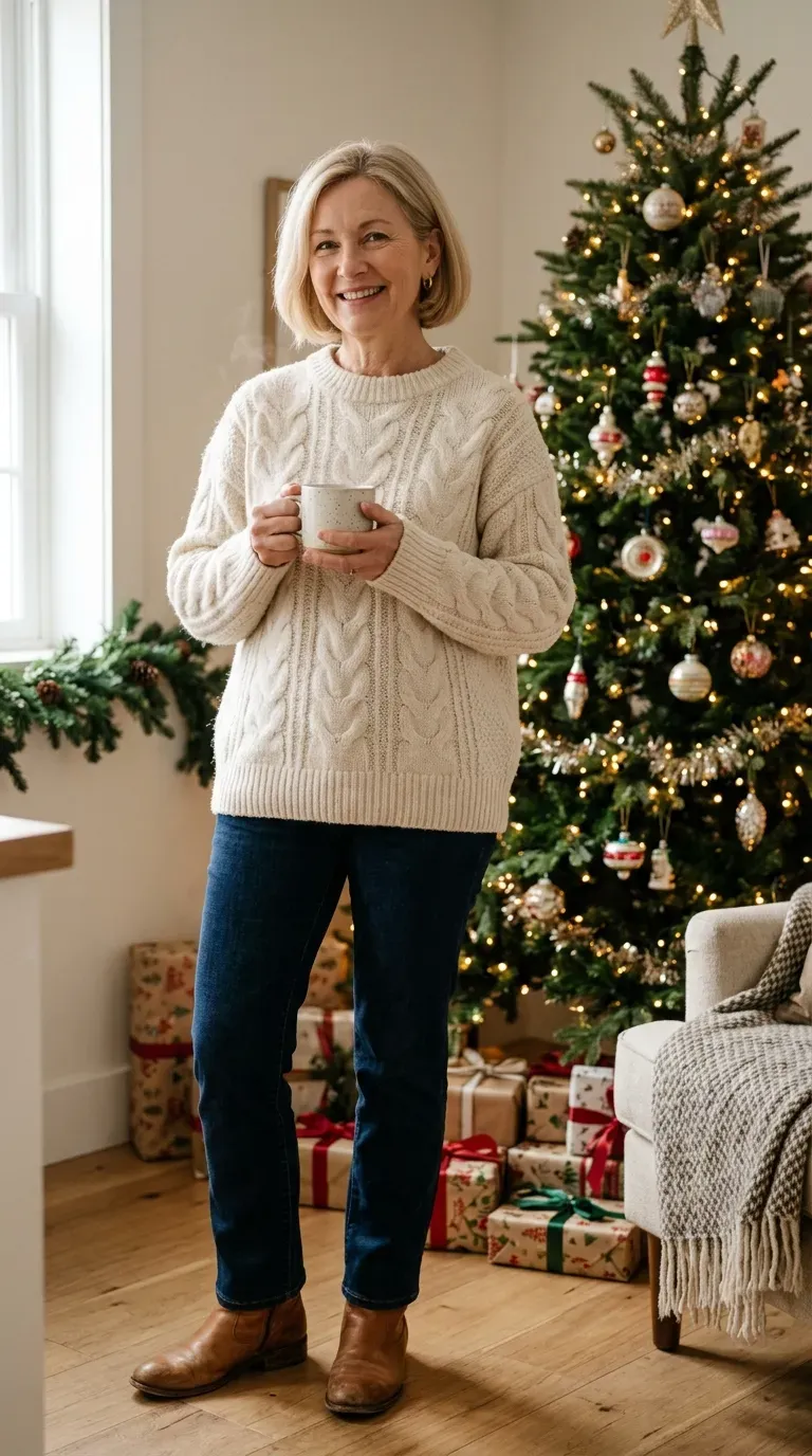 Woman over 50 in cream cable sweater, dark jeans and ankle boots by a Christmas tree