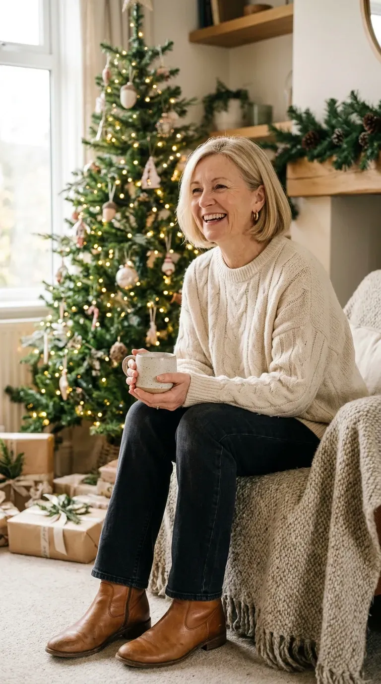 Woman over 50 in cream cable sweater, dark jeans and ankle boots by a Christmas tree