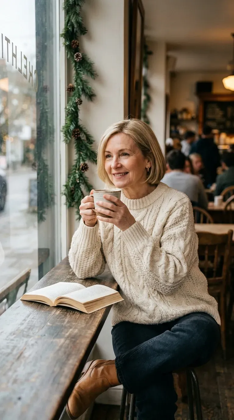 Woman over 50 in cream cable sweater, dark jeans and ankle boots holding a mug by a cafe window