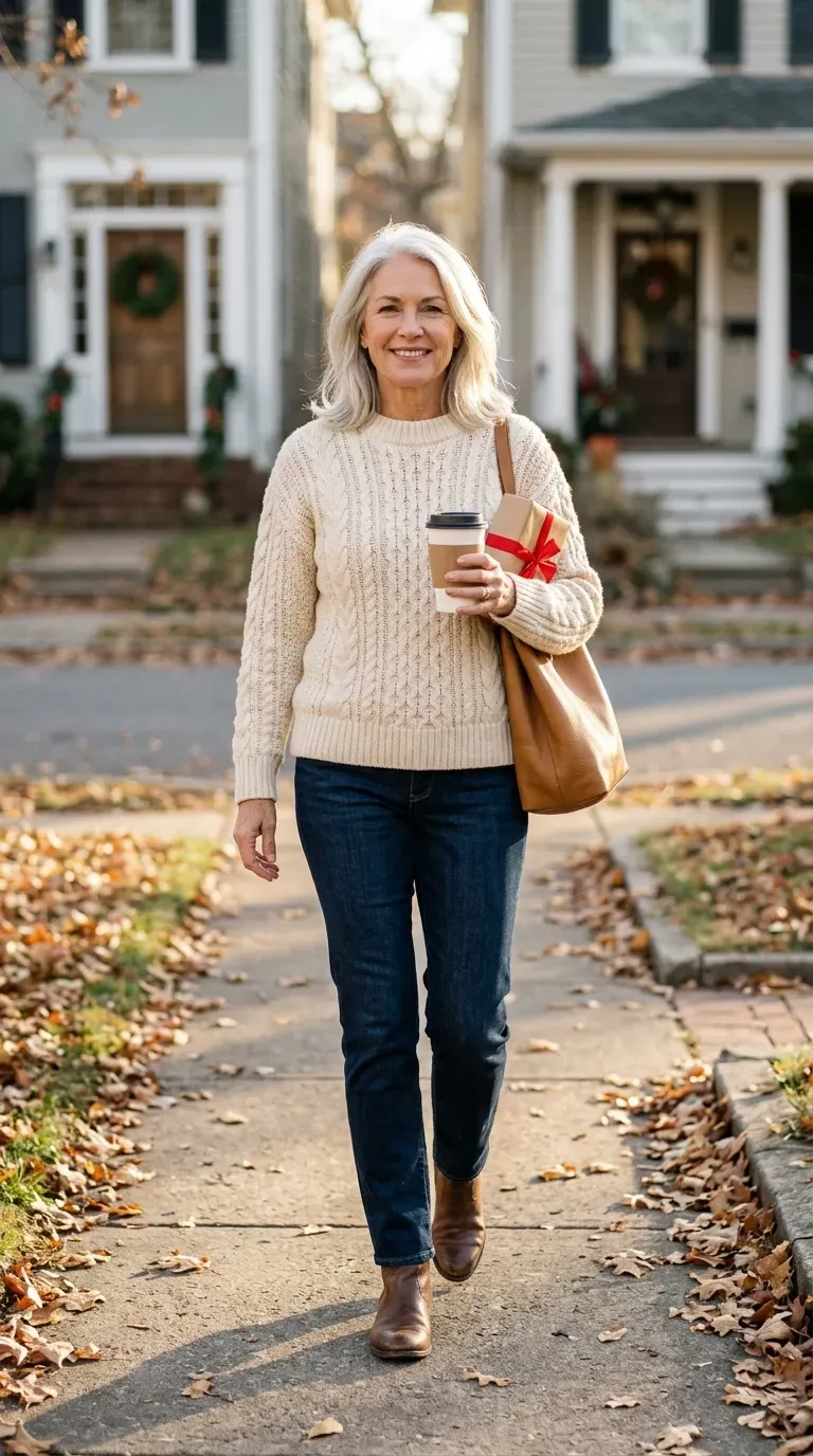 Silver-haired woman in a cream cable sweater, dark jeans and brown boots on a leafy street