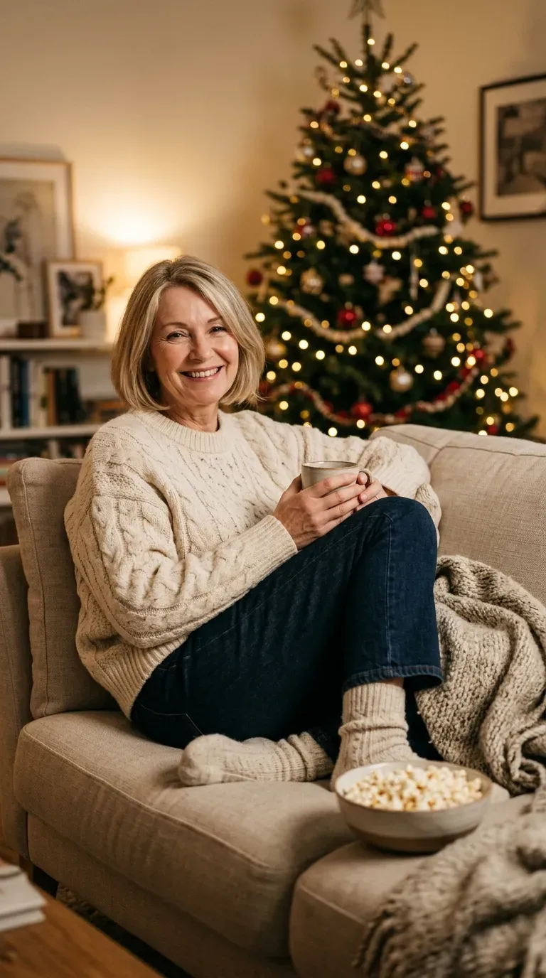 Woman over 50 in cream cable sweater, dark jeans and cozy socks for a Christmas movie night