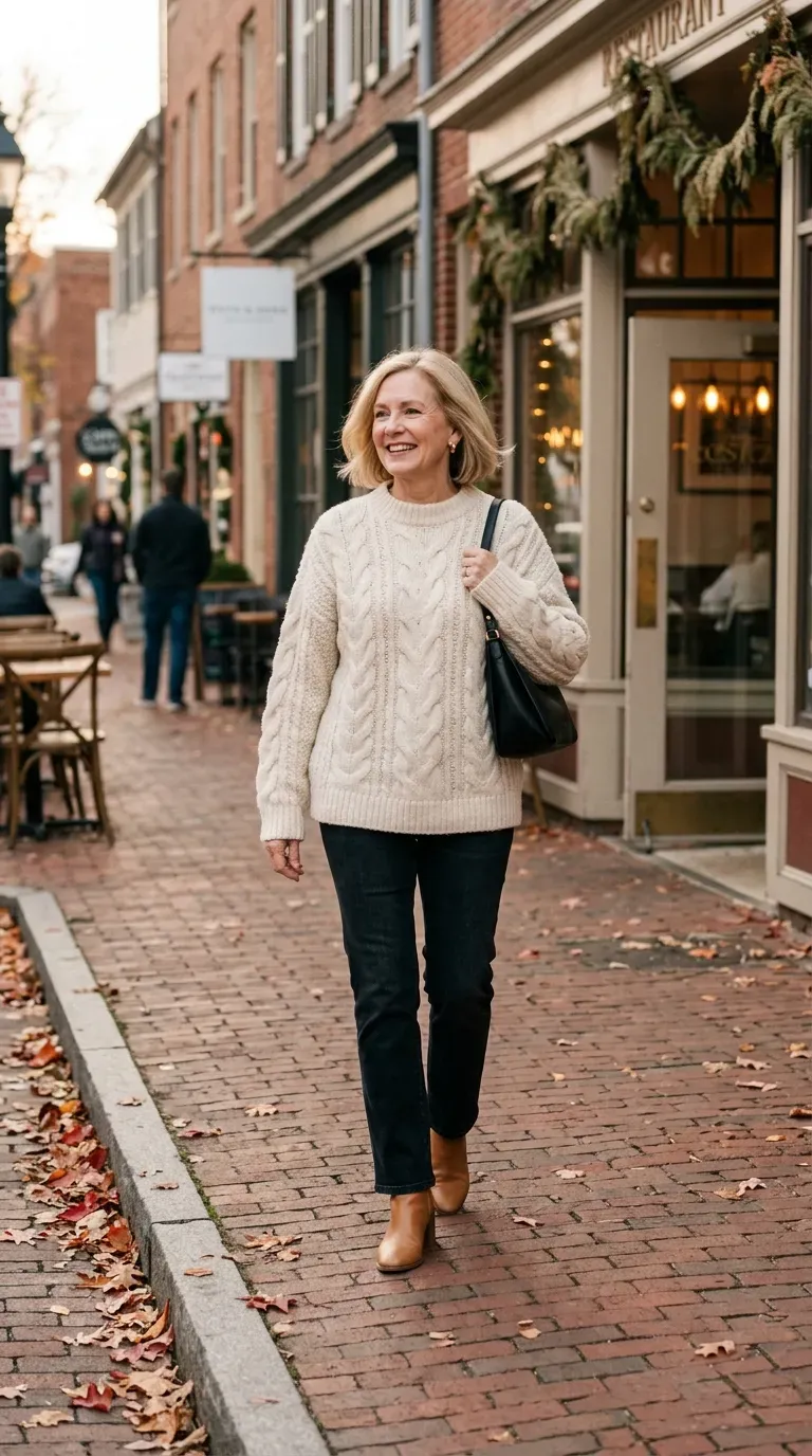 Woman over 50 in cream cable sweater, dark jeans and heeled boots near a restaurant