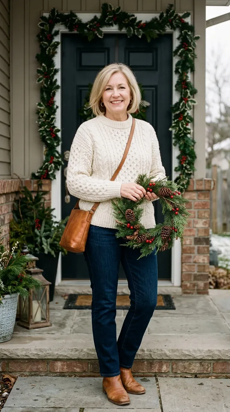 Woman over 50 in cream cable sweater, dark jeans and tan boots for a Christmas card photo
