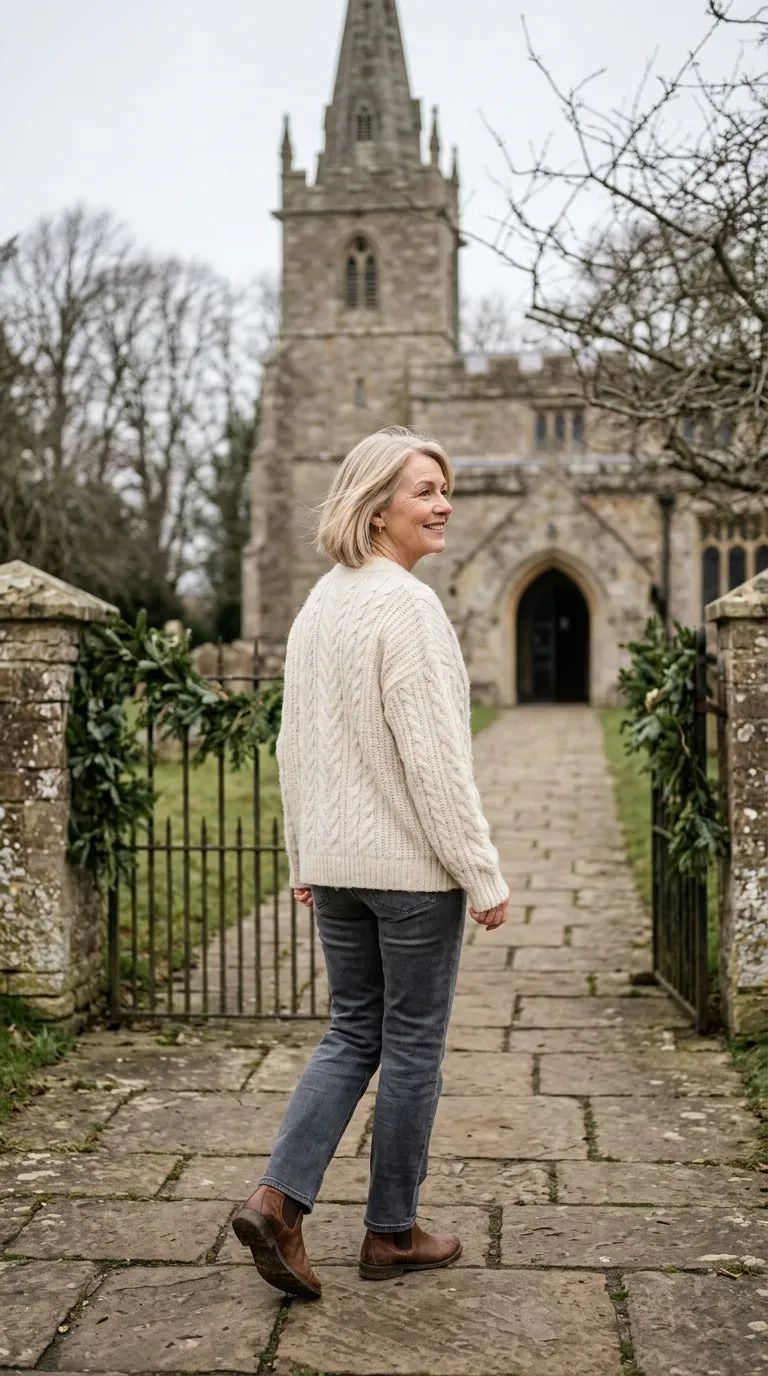 Woman over 50 in cream cable sweater, gray jeans and ankle boots near a church
