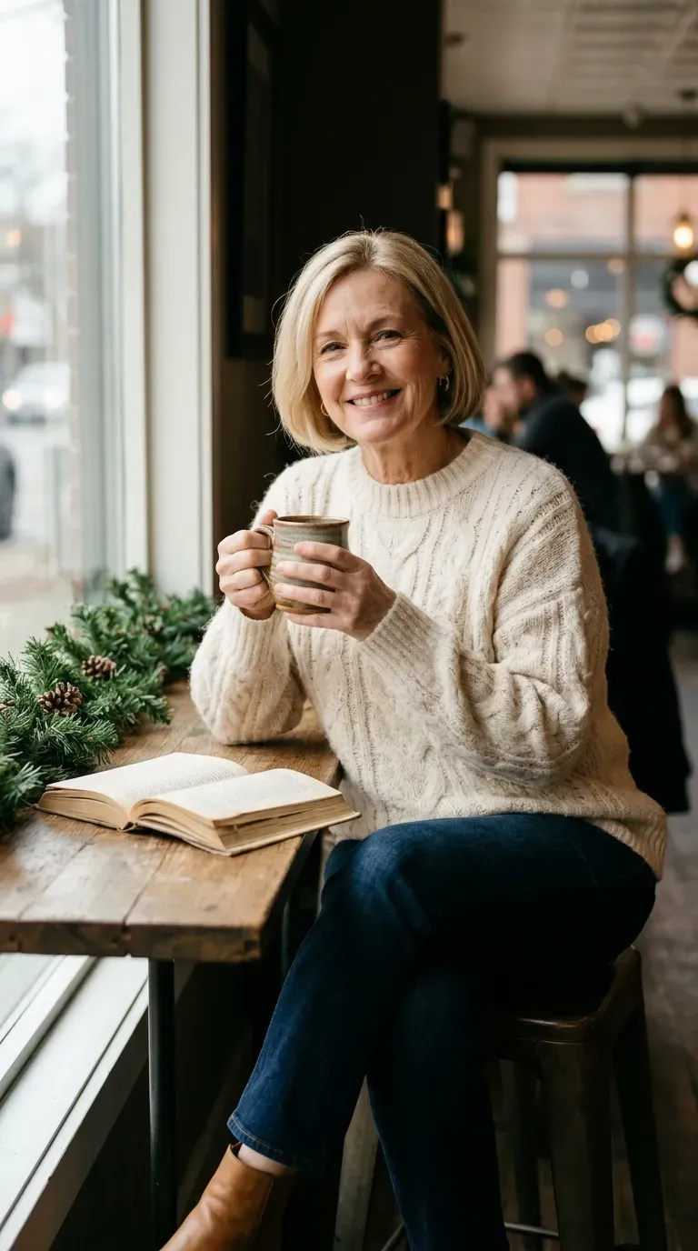Woman over 50 in cream cable sweater, indigo jeans and ankle boots holding a mug by a cafe window