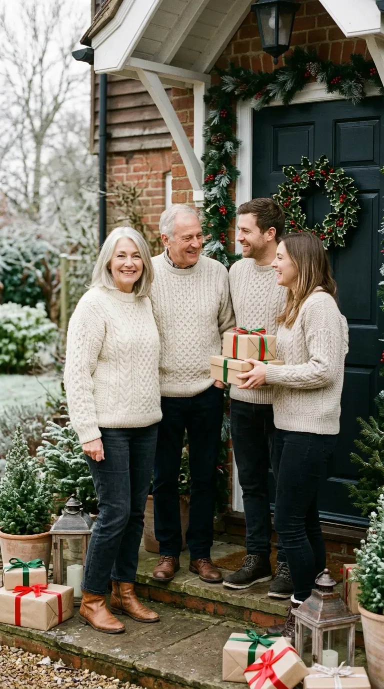 Woman over 50 in cream cable sweater and dark jeans for a coordinated family Christmas photo