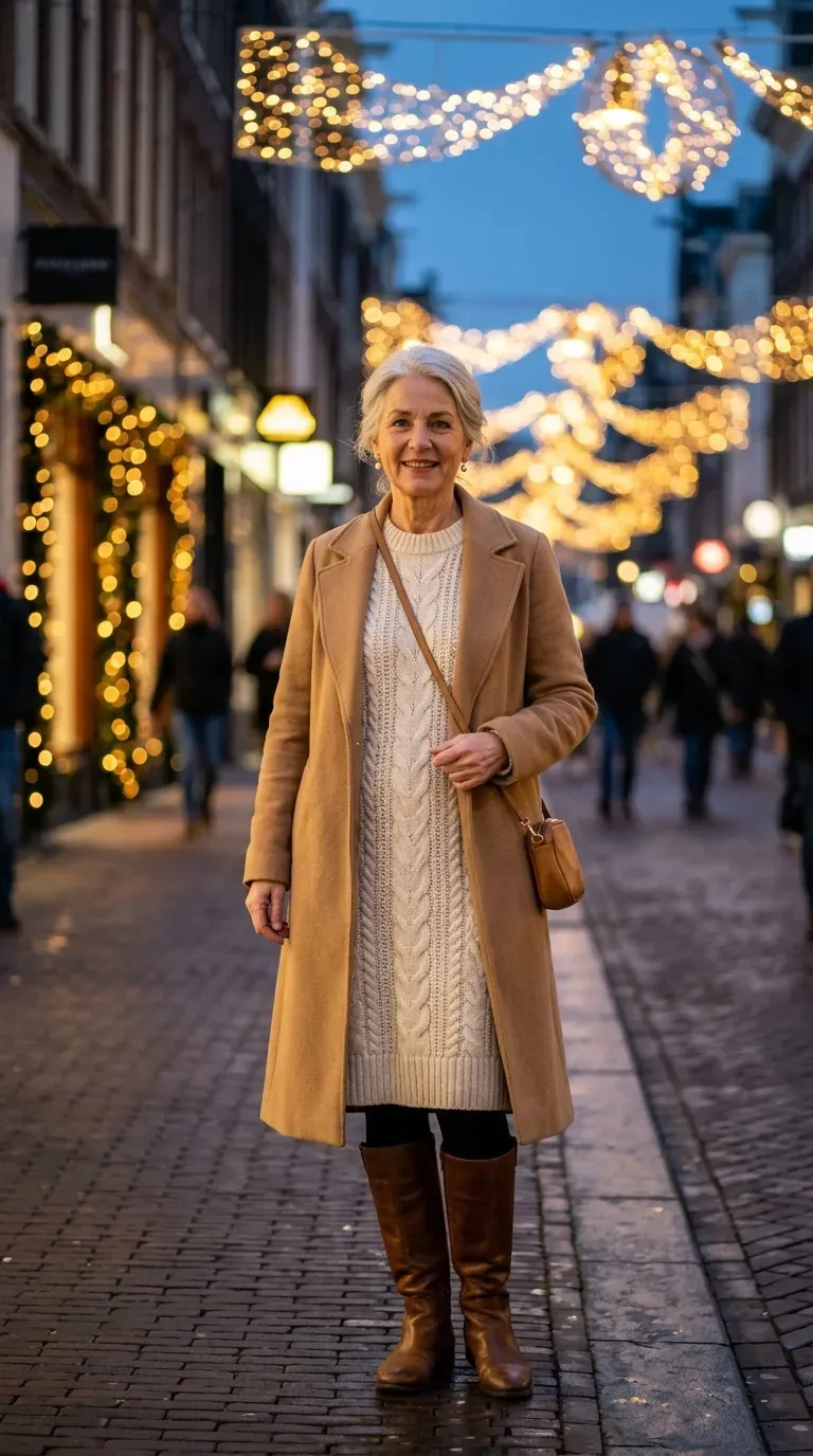 Woman over 50 in cream chunky knit dress, tights, tall boots and long coat at Christmas lights