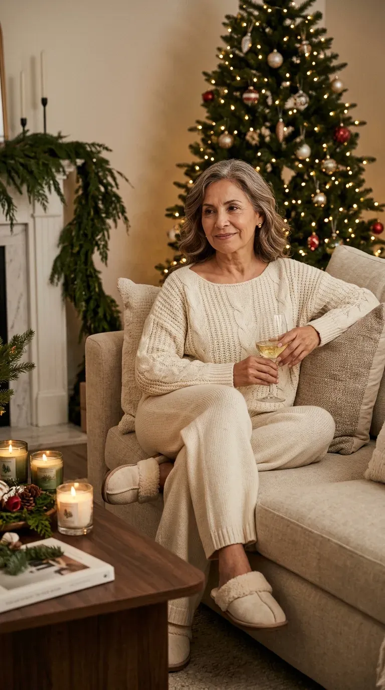 Woman over 50 in cream chunky knit lounge co-ord and slippers for a Christmas movie night