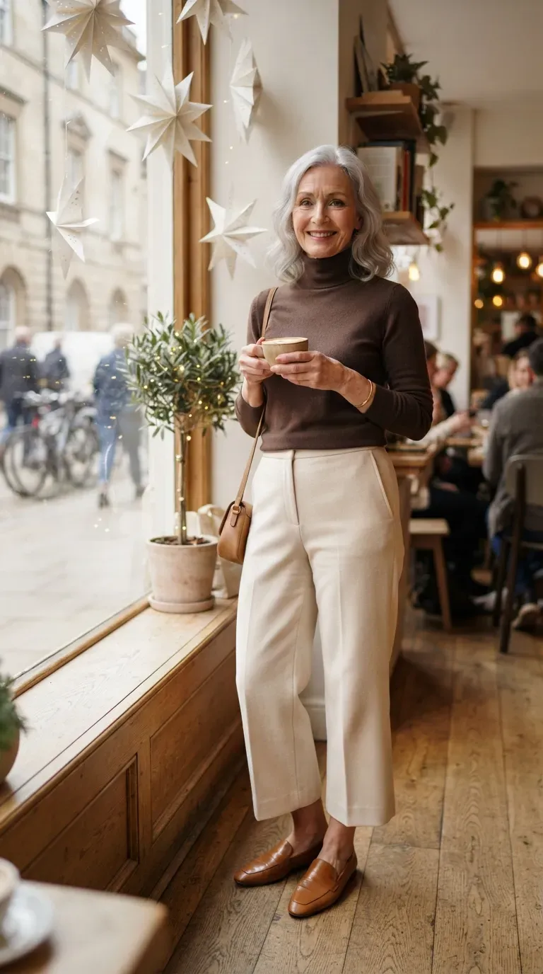 Petite woman over 50 in cream cropped wide-leg trousers and chocolate turtleneck in a holiday cafe