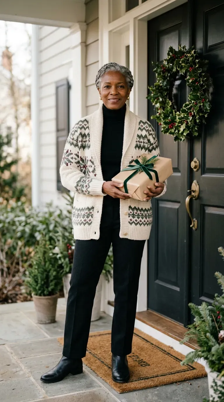 Woman over 50 in cream Fair Isle cardigan and black trousers meeting his family at Christmas