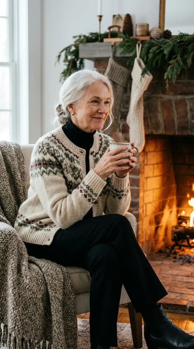 Woman over 50 in cream Fair Isle cardigan and black trousers holding a mug by a fireplace