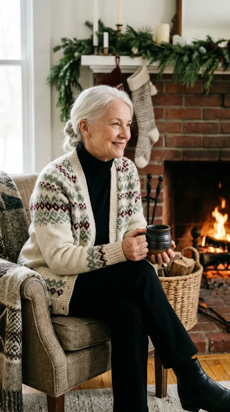 Woman over 50 in cream Fair Isle cardigan and black trousers holding a mug by a fireplace