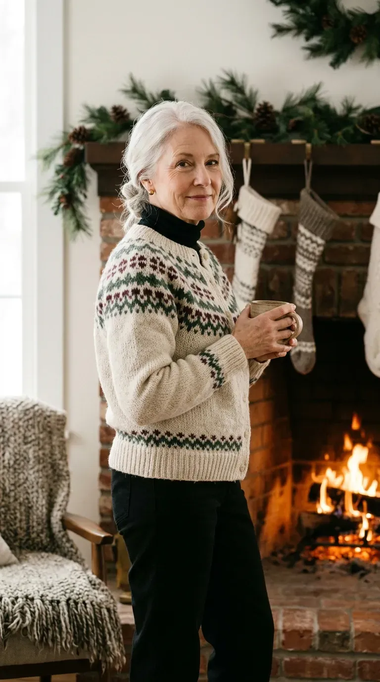 Woman over 50 in cream Fair Isle cardigan and black trousers by a fireplace with a mug