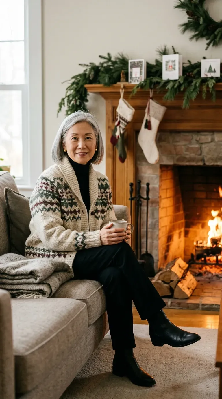 Woman over 50 in cream Fair Isle cardigan and black trousers by a family fireplace