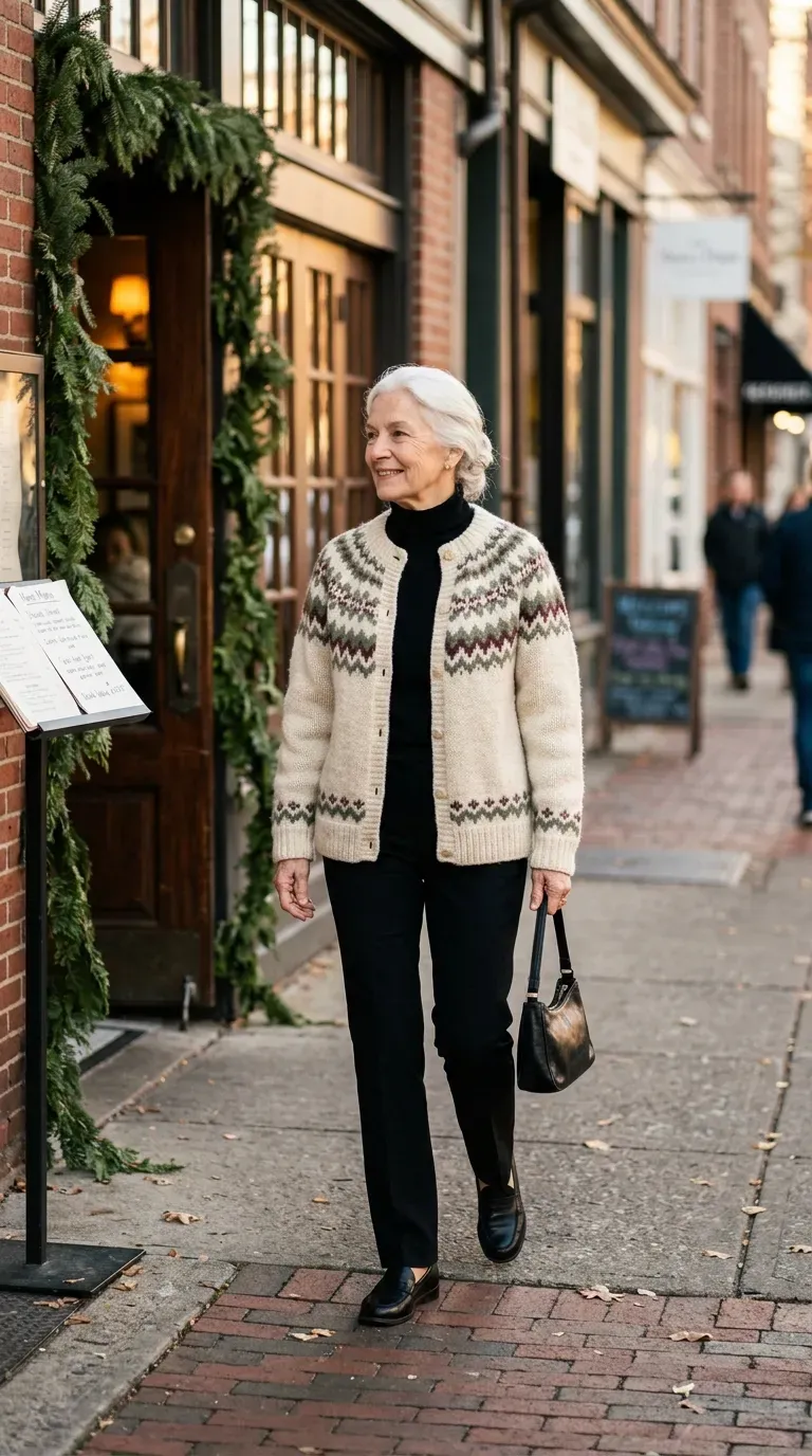 Woman over 50 in cream Fair Isle cardigan and black trousers near a restaurant