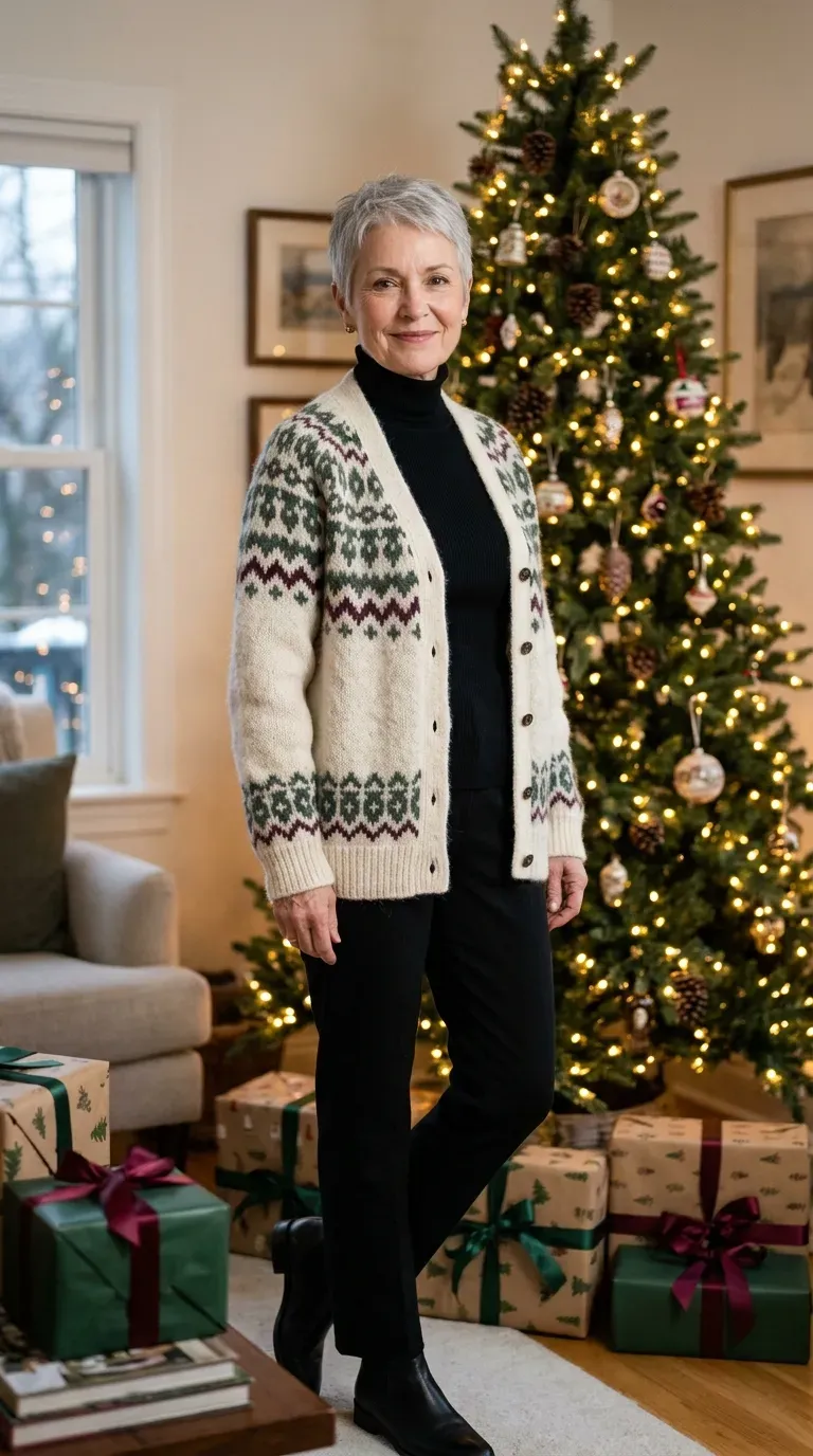 Woman over 50 in cream Fair Isle cardigan, black turtleneck and black trousers for a card photo