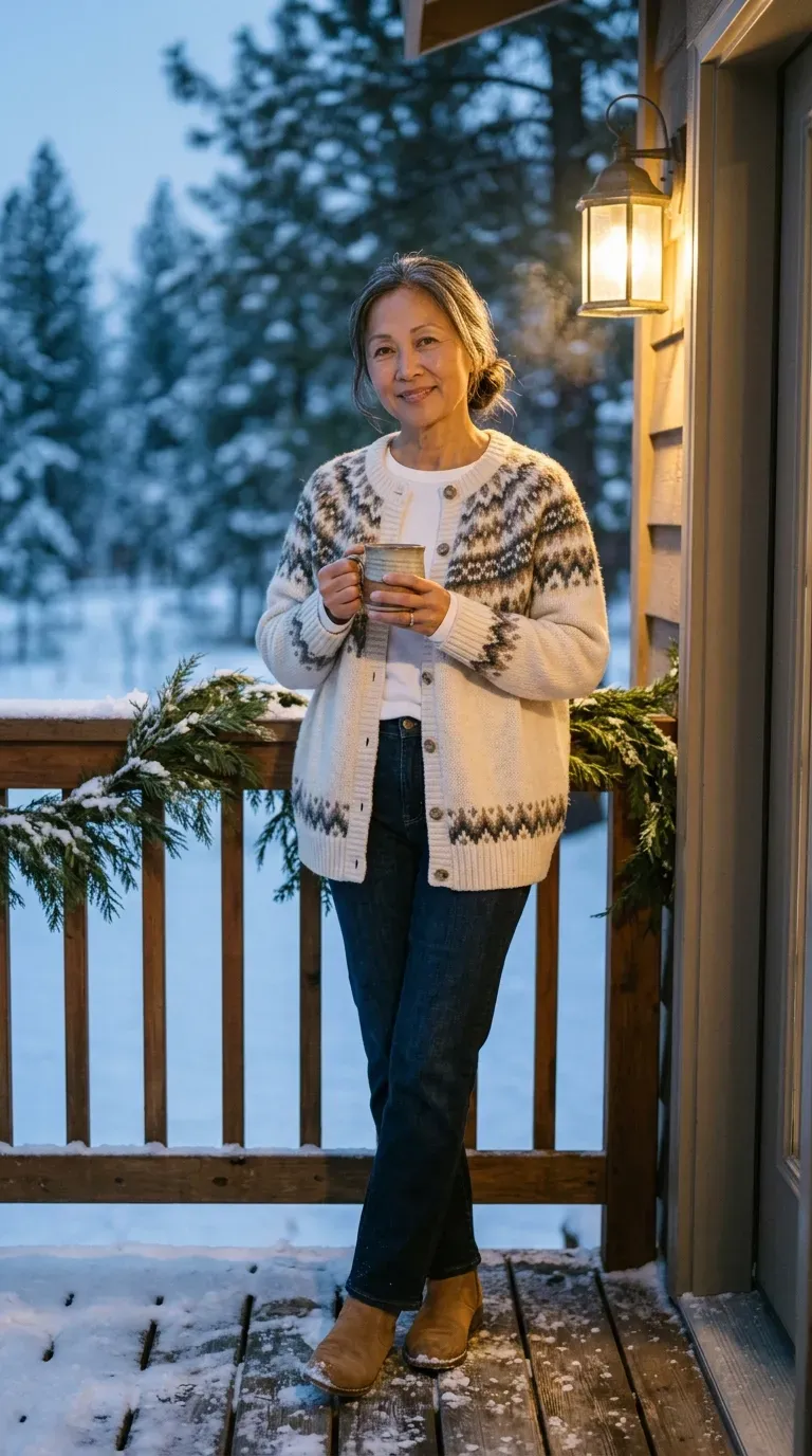 Woman in cream Fair Isle cardigan and dark jeans holding a mug on a snowy porch