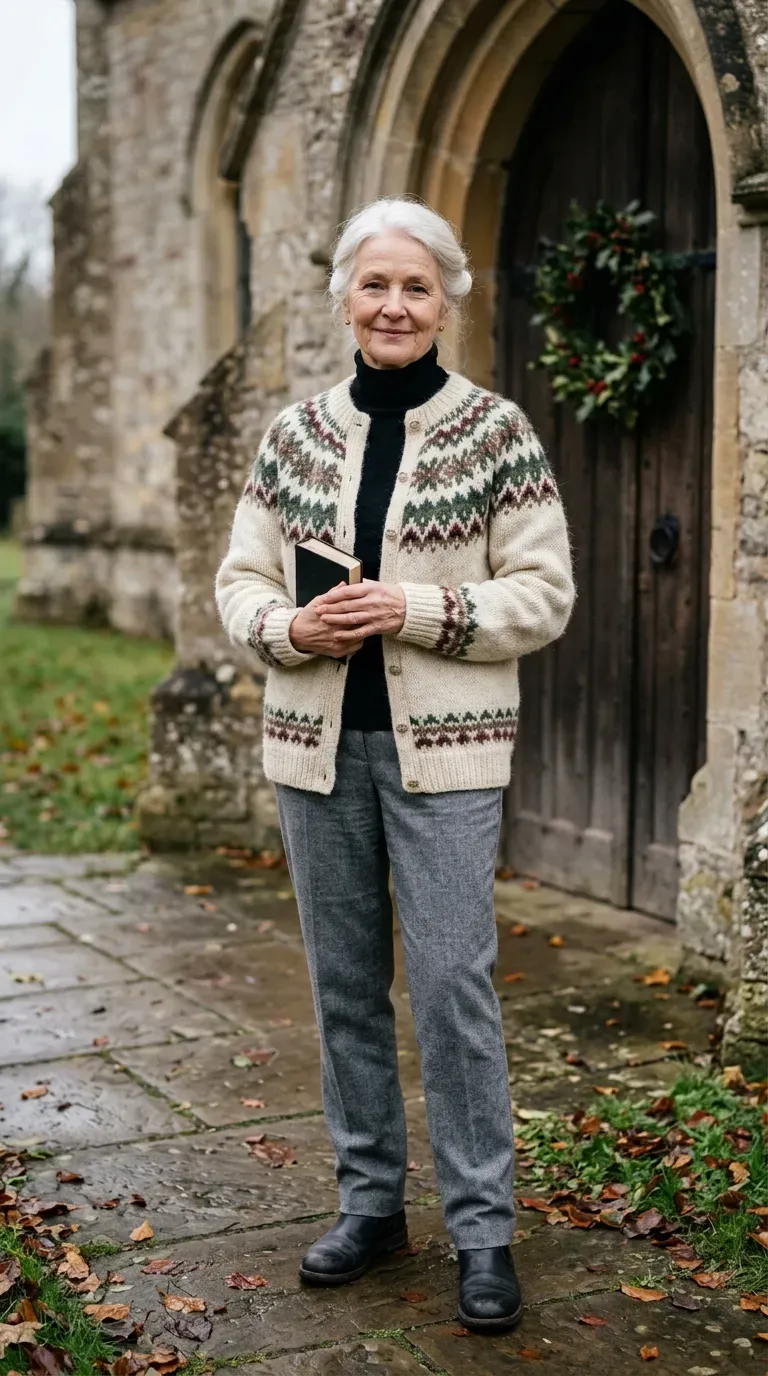 Woman over 50 in cream Fair Isle cardigan and gray trousers outside a church
