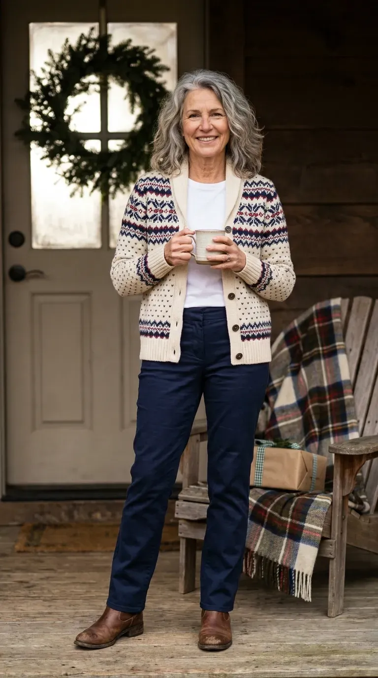 White woman in a cream Fair Isle cardigan and navy trousers on a decorated porch