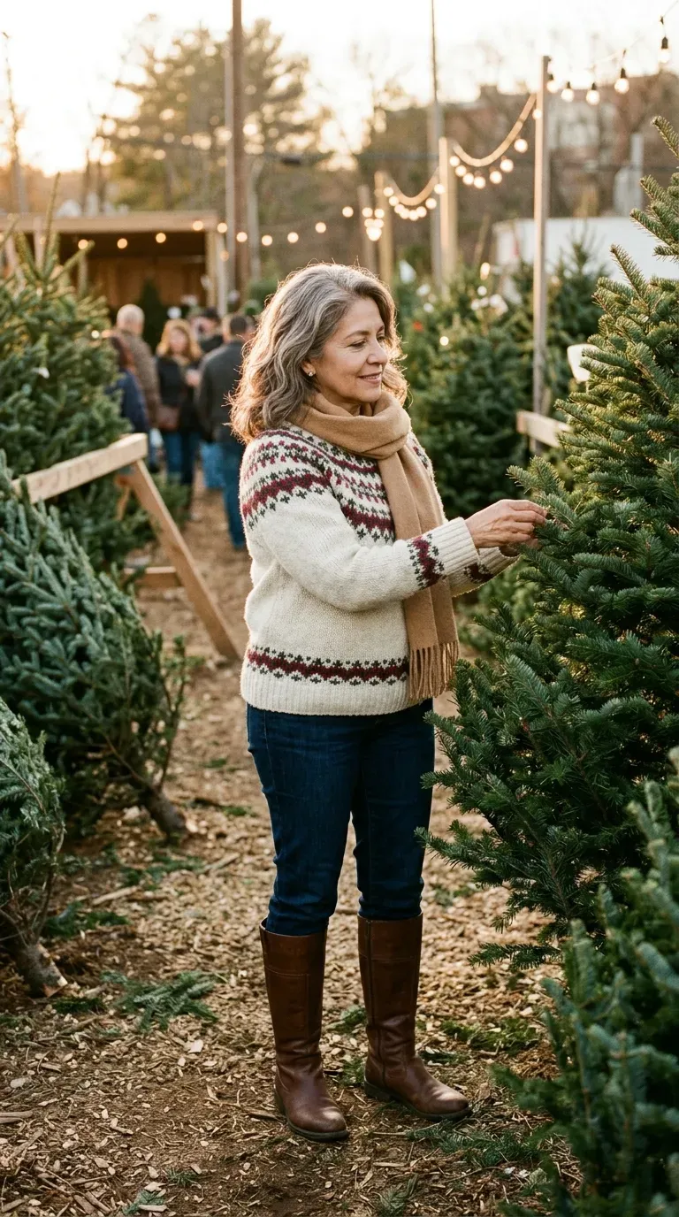 Woman over 50 in cream Fair Isle sweater, dark jeans and tall boots at a Christmas tree lot