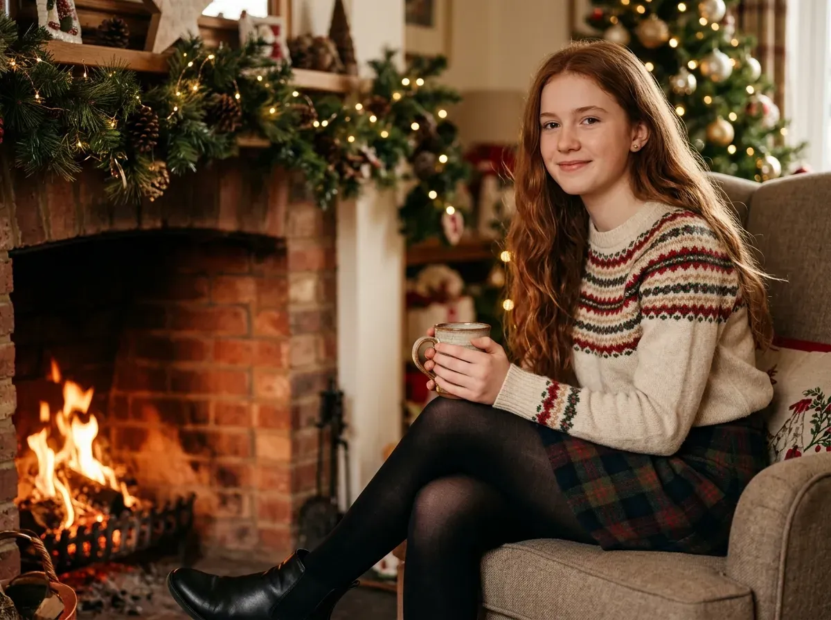 Teenage girl in cream Fair Isle sweater, plaid mini skirt and ankle boots for Christmas