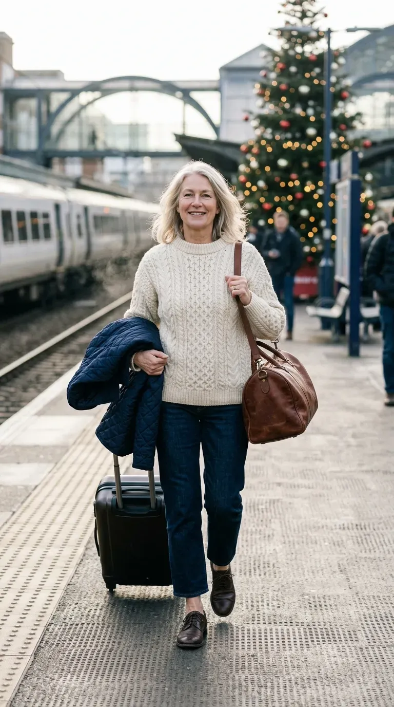 Woman over 50 in cream fisherman sweater and cropped jeans at a bright train station