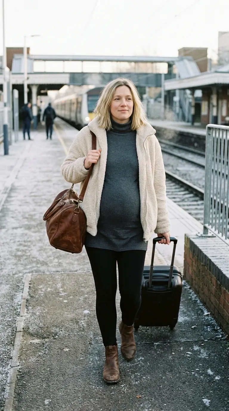 Pregnant woman in cream fleece jacket, charcoal tunic and black leggings at a train station
