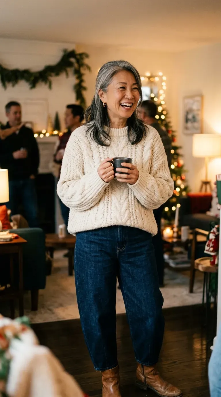 Woman over 50 in cream knit, dark barrel jeans and tan boots