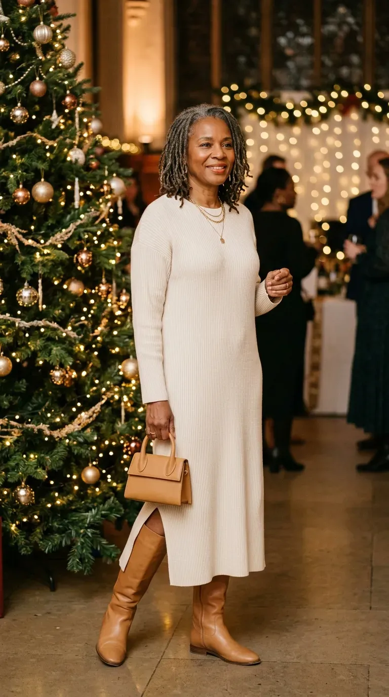 Woman over 50 in cream knit maxi dress and tan knee-high boots at a festive winter event