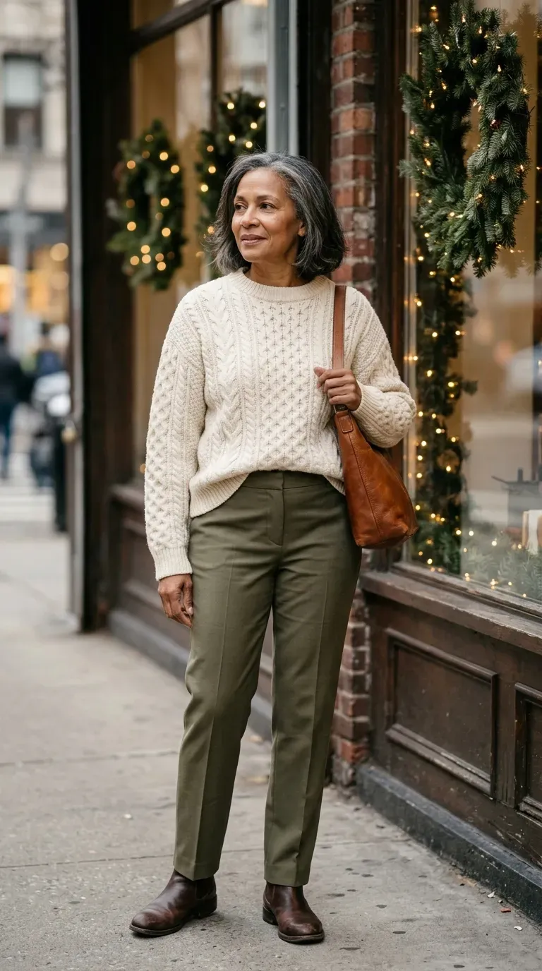 Woman over 50 in cream sweater and olive trousers near a festive shop window