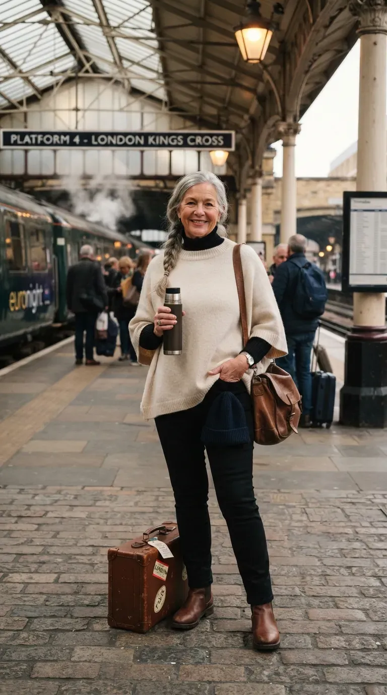 White plus-size woman in a cream knit poncho and black jeans with a suitcase on a train platform