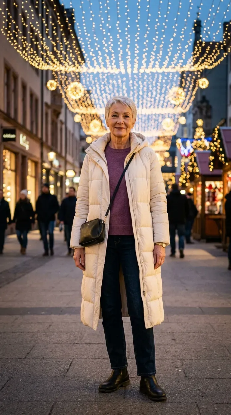 Woman over 50 in cream long puffer, plum knit and black boots at a Christmas lights display