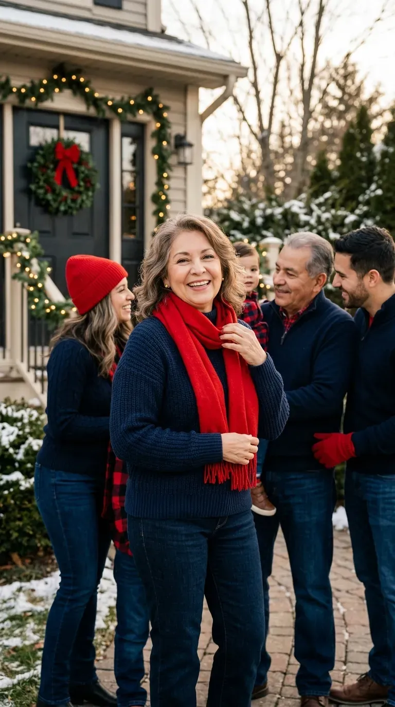 Woman over 50 in cream knit and navy jeans for a coordinated Christmas family photo