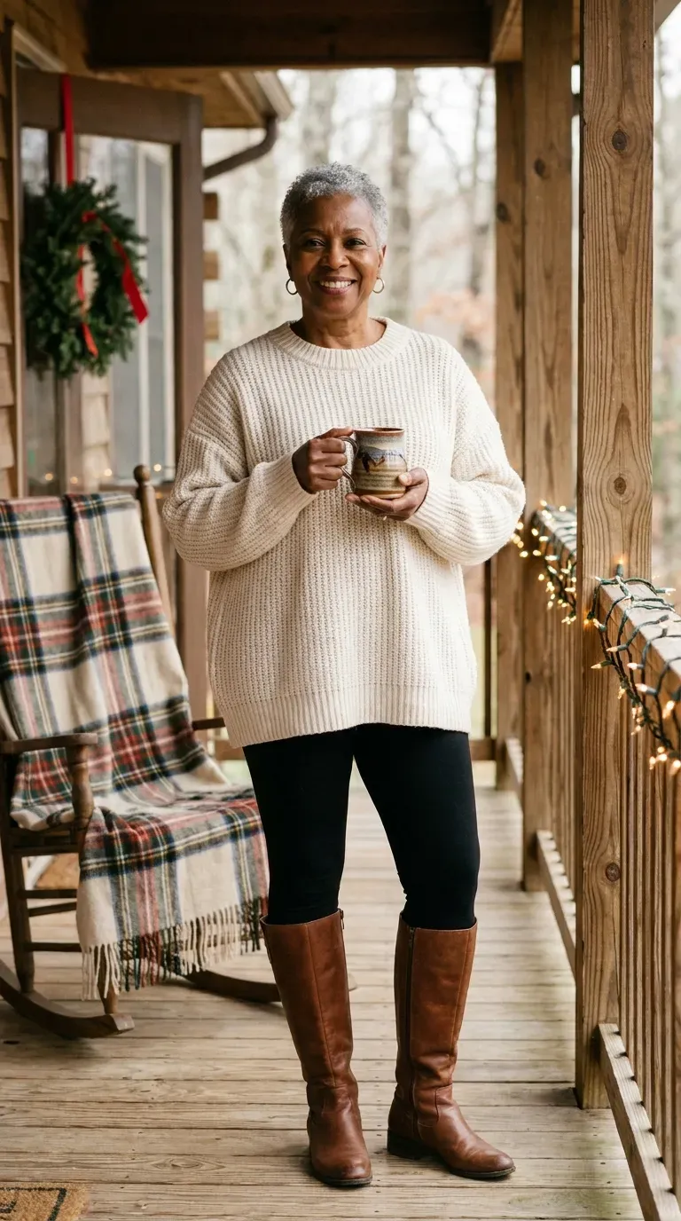 Woman in a cream oversized sweater, black leggings and tall boots holding coffee on a porch
