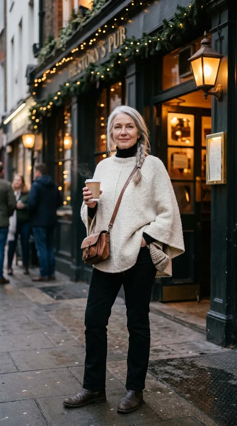 White woman in a cream wool poncho, black turtleneck and black jeans at a holiday gathering