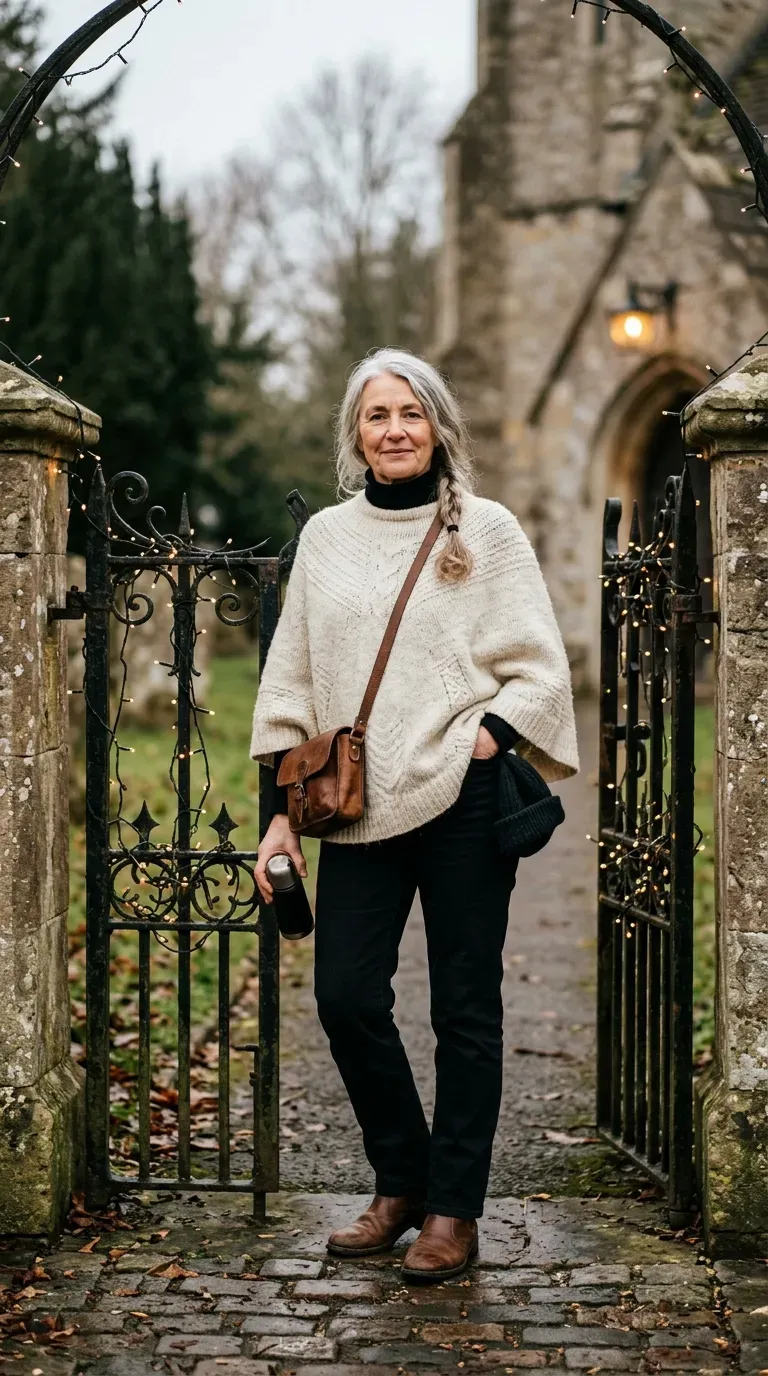 White woman in cream wool poncho, black turtleneck and black jeans at a church gate
