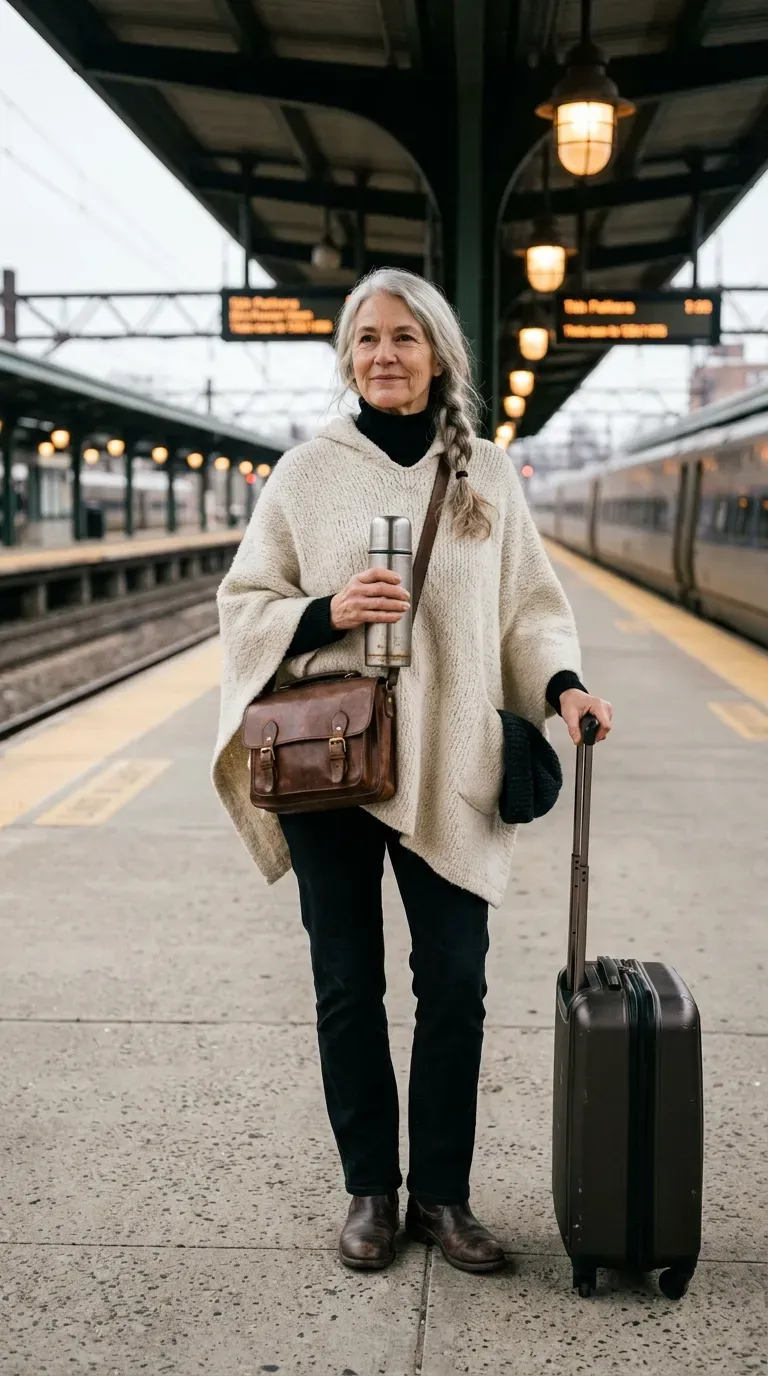 White woman in a cream wool poncho, black turtleneck and black jeans on a train platform